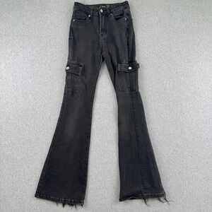 S.O.N.G. Jeans Women 0/24 Black Cargo Flare High Rise‎ Raw Hem Stretch Denim